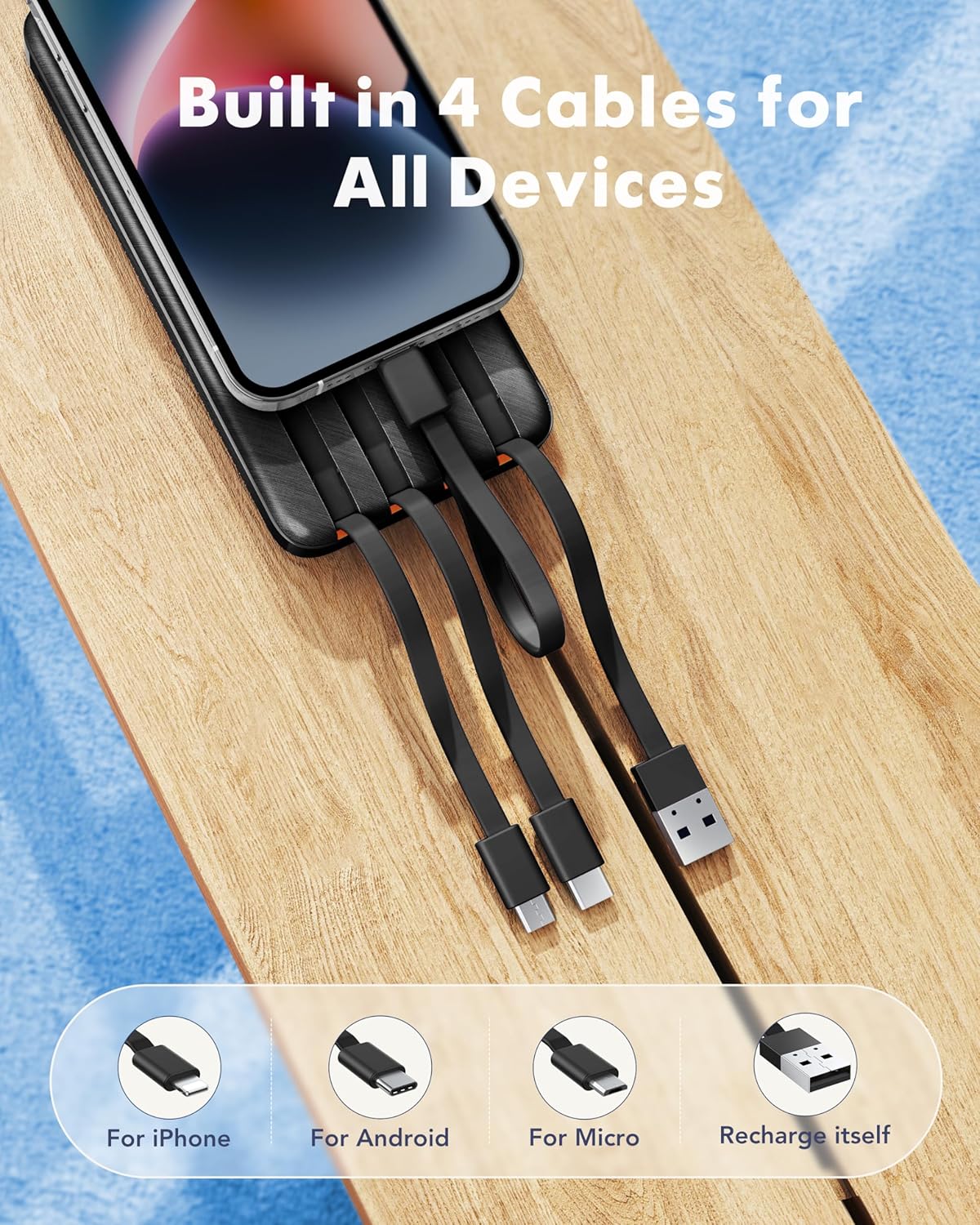 Power Bank with Built in Cables, 20000mAh USB - Image 2