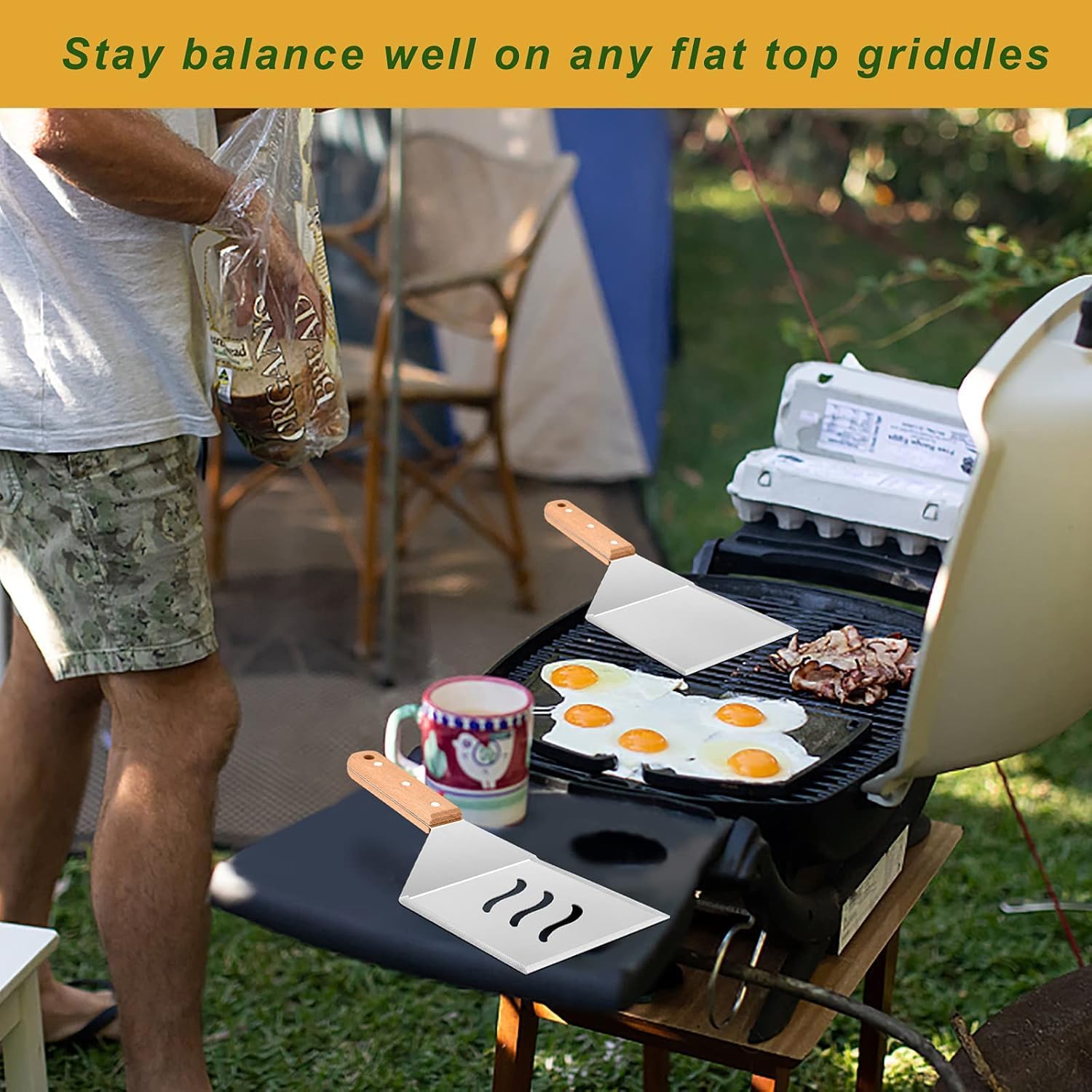 Wooden Metal Spatulas 2Pcs, E-far Professional Large Griddle Spatula Tools Set - Image 6