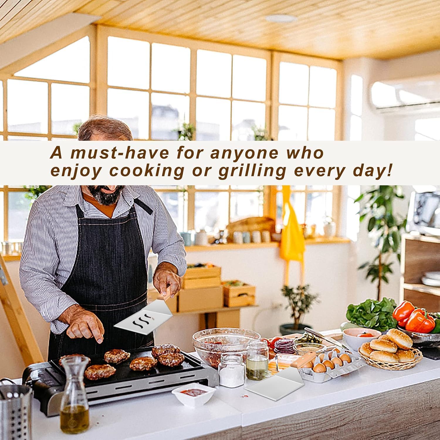 Wooden Metal Spatulas 2Pcs, E-far Professional Large Griddle Spatula Tools Set - Image 7